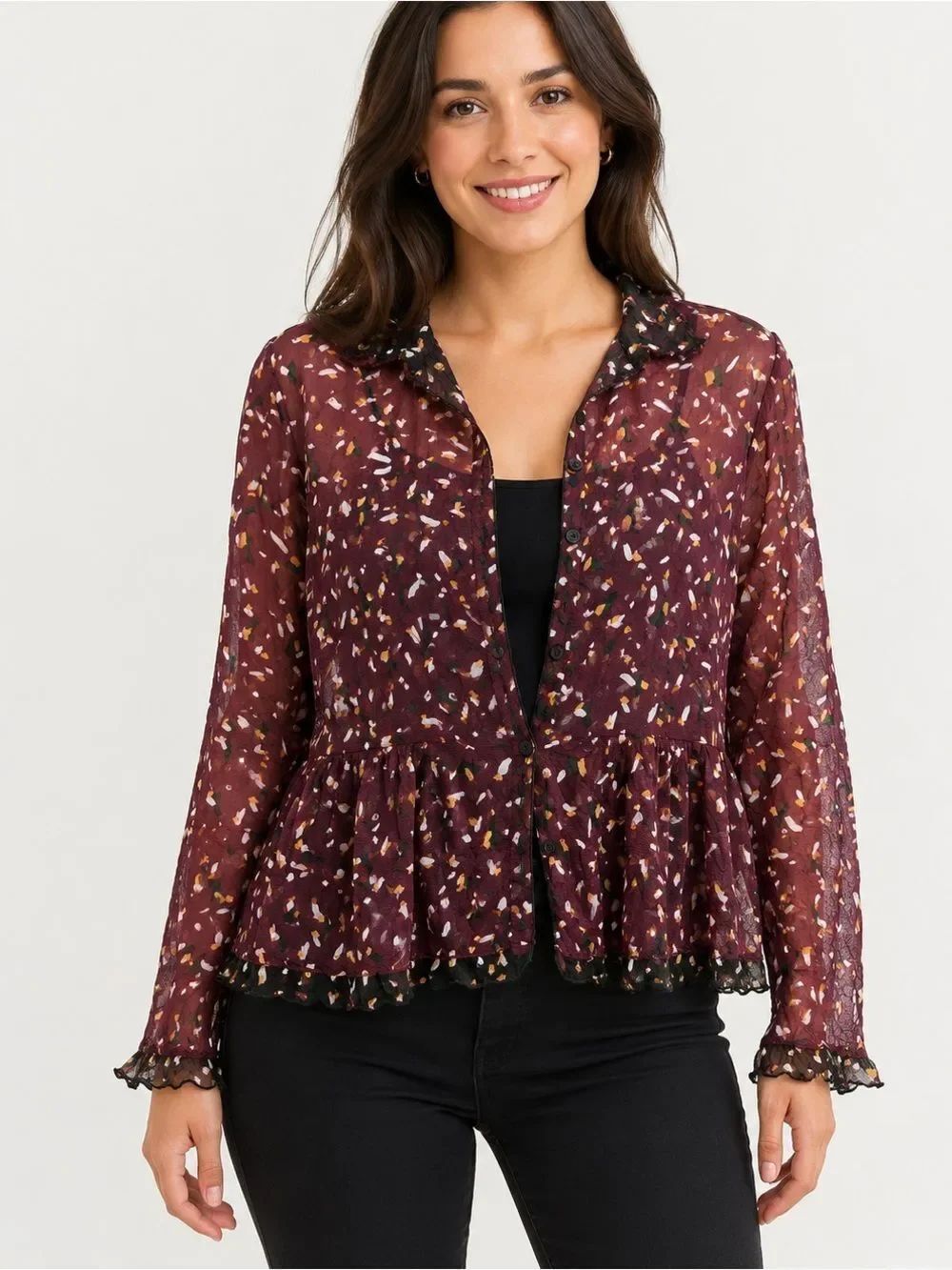 Lisa Bayne Sheer Mesh Button Front Blouse XXL Burgundy Black Ruffle Hem